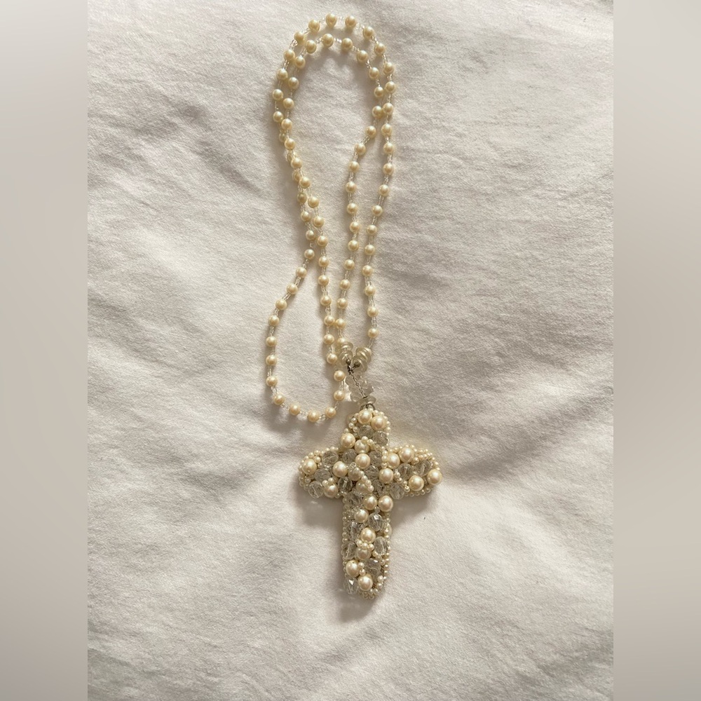 Vintage White Pearl and Crystal Cross Necklace